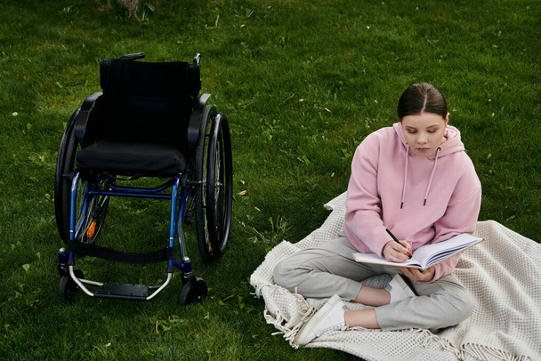 В парке женщина в розовой толстовке сидит на одеяле, пишет в блокноте рядом со своим инвалидным креслом, показывая включение и доступность. - Фото, изображение