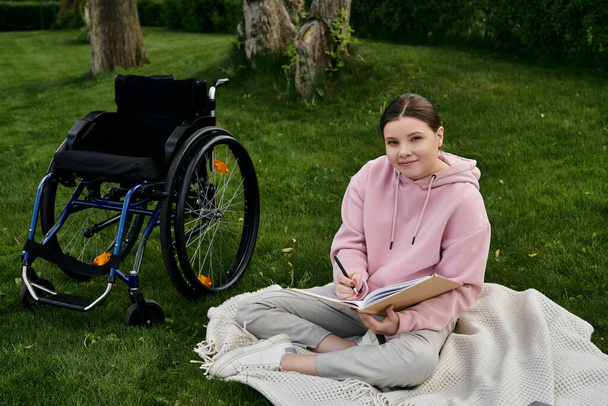 Pembe kapüşonlu genç bir kadın park battaniyesinin üzerinde oturuyor, tekerlekli sandalyesi yakınlarda, bir deftere yazıyor ve günün tadını çıkarıyor.. - Fotoğraf, Görsel