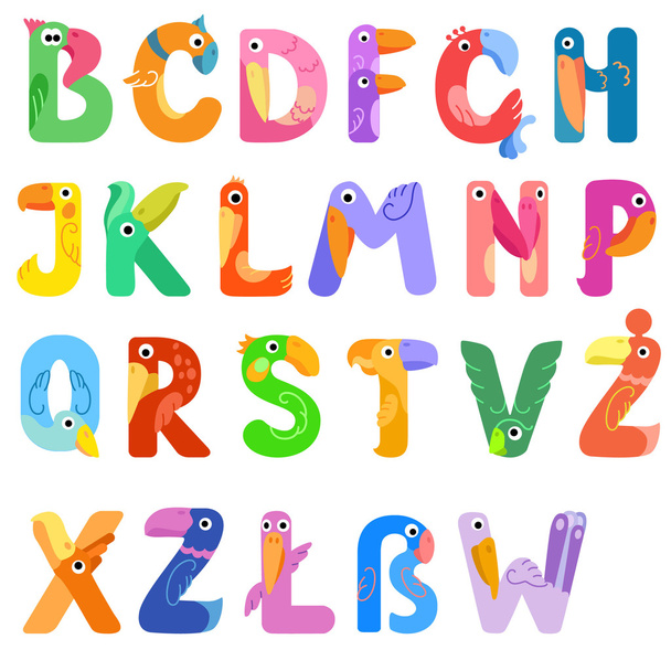 Consonantes del alfabeto latino como aves diferentes
 - Vector, imagen