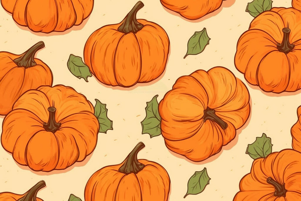 Halloween naadloos patroon oranje kleur pompoenen met groene bladeren op geïsoleerde achtergrond, illustratie stijl. - Vector, afbeelding