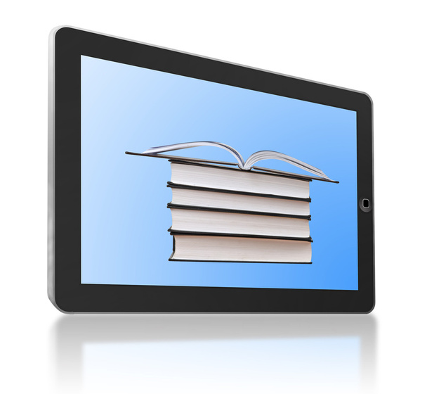 Общие планшетный компьютер с книгами, как символ цифровой библиотеки и
 - Фото, изображение
