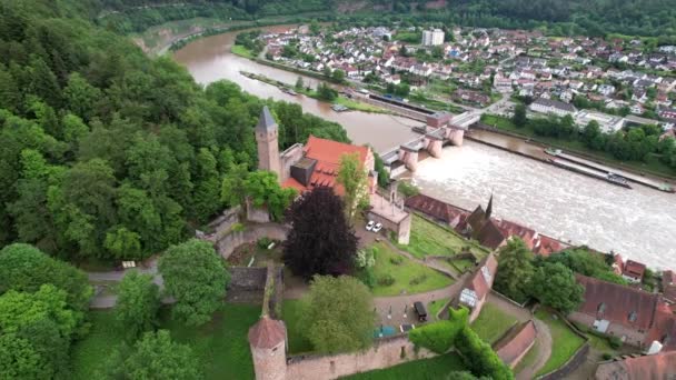 Πτήση γύρω από το κάστρο Hirschhorn στον ποταμό Neckar, Γερμανία. Υψηλής ποιότητας 4k πλάνα - Πλάνα, βίντεο
