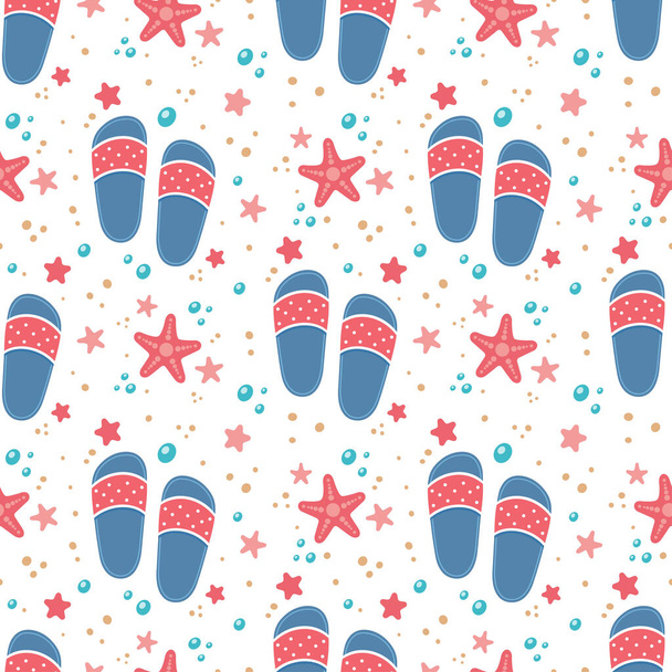 Flip flops icon with starfishes seamless pattern. Cute texture for summer design. Beach vacation concept. Vector cartoon illustration isolated on white. Flat design. - Vector, Image