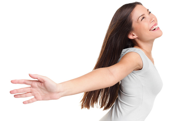 Joyful elated woman with arms up - Zdjęcie, obraz