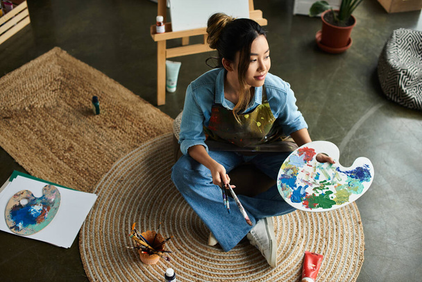 mujer asiática vestida de mezclilla en el estudio con paleta de pintura mira pensativamente lejos de la cámara mientras está sentado en la alfombra. - Foto, Imagen