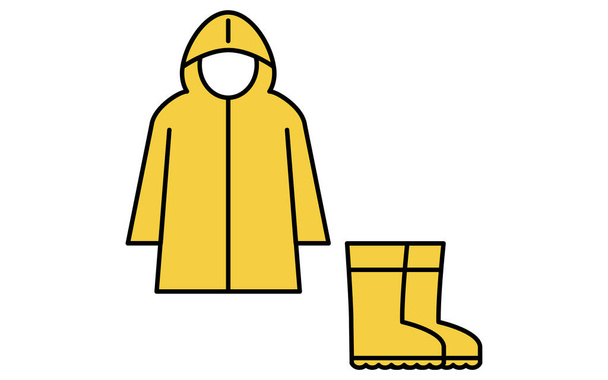 Prosta ikona rysunkowa towarów zapobiegających katastrofom i sprzętu przeciwdeszczowego (płaszcze przeciwdeszczowe i buty), ilustracja wektorowa - Wektor, obraz