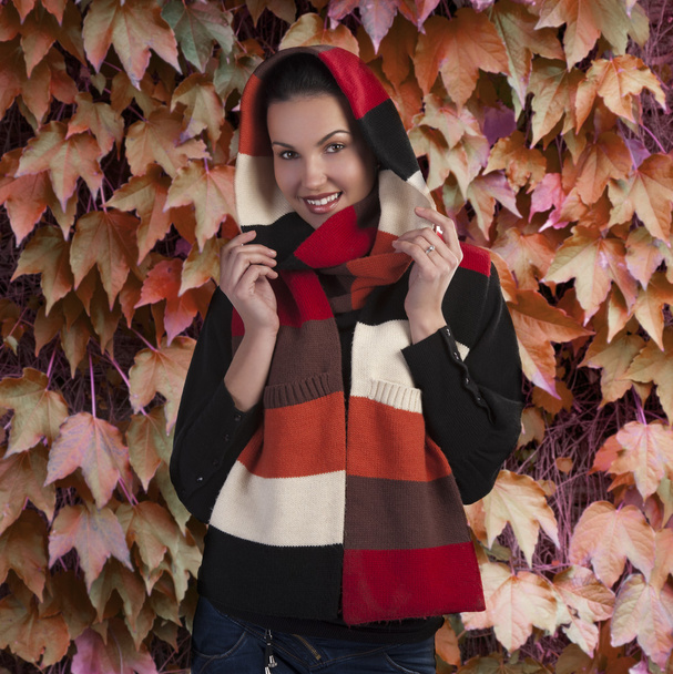 Smiling brunette in autumn scarf - Photo, image