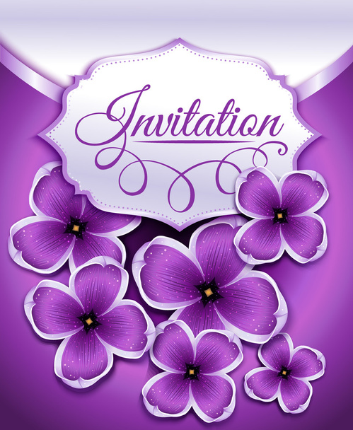 Tarjeta de invitación de boda con fondo floral lila
. - Vector, imagen