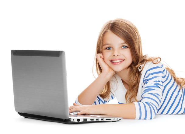 smiling student girl with laptop computer lying - Φωτογραφία, εικόνα