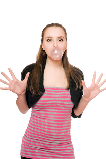 junge Frau bläst eine Blase - Foto, Bild