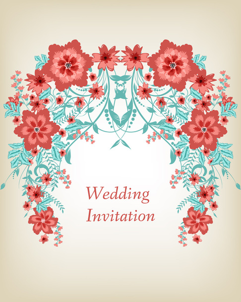Wedding invitation card with flowers - Vector, afbeelding