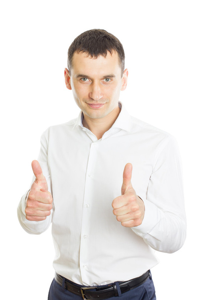 Энтузиастичный бизнесмен с большими пальцами вверх
 - Фото, изображение
