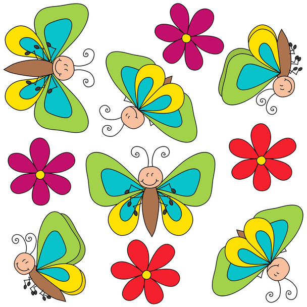 Flying butterflies and flowers drawing isolated - ベクター画像