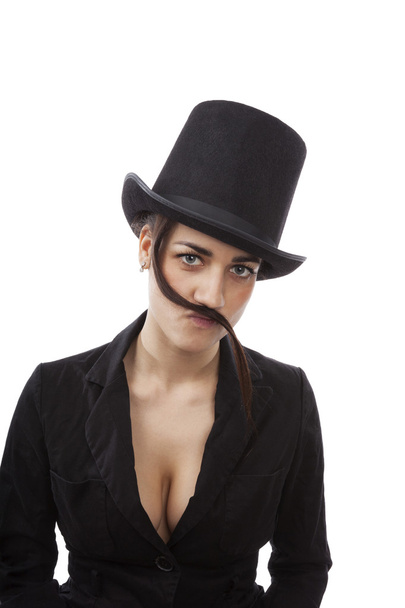 Girl with black hat and black dress with mustache from hair - Photo, Image