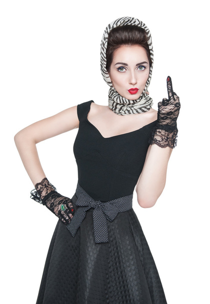 Beautiful woman in retro pin-up style showing middle finger isol - Photo, Image