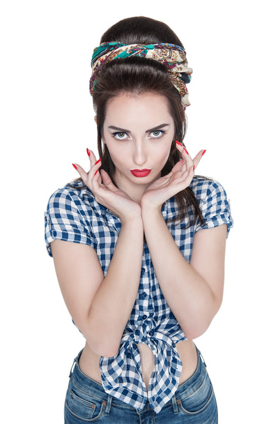 Young beautiful woman in retro pin-up style isolated  - 写真・画像