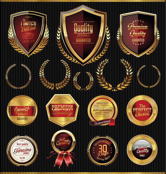 Golden shields, laurels and medals - Vector, Image