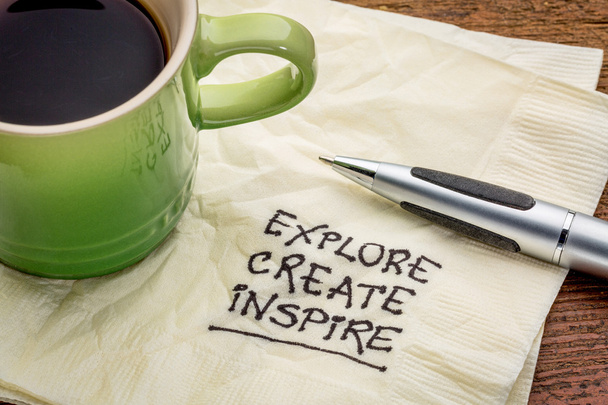 explore, create, inspire on napkin - Фото, зображення