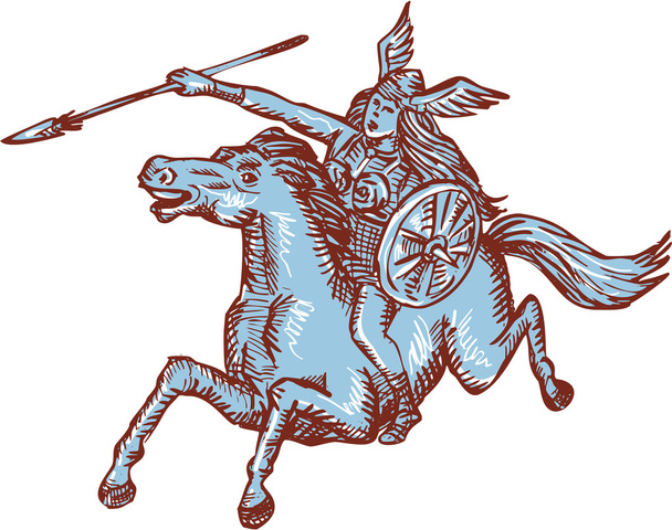 Valkyrie harcos lovaglás ló lándzsa rézkarc - Vektor, kép