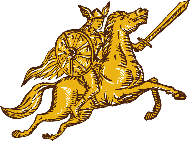 Valkyrie harcos lovaglás ló kard rézkarc - Vektor, kép