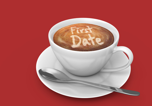 Latte art message in a coffee cup that says first date - Photo, Image