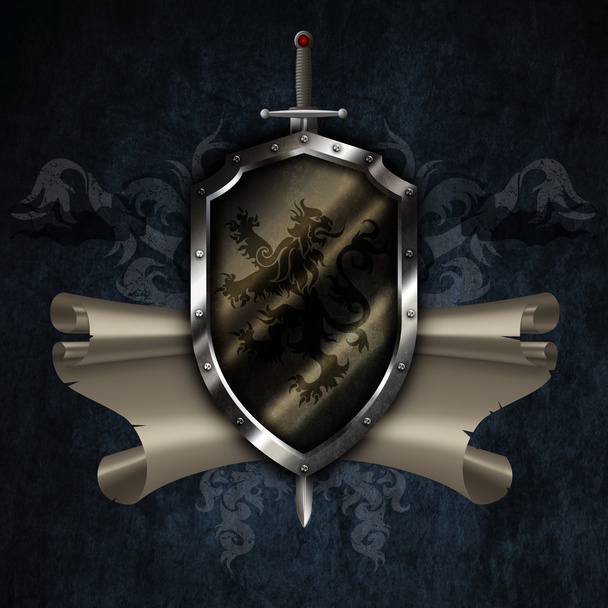 Ancient shield with swords and scroll on dark grunge background. - Foto, Imagen