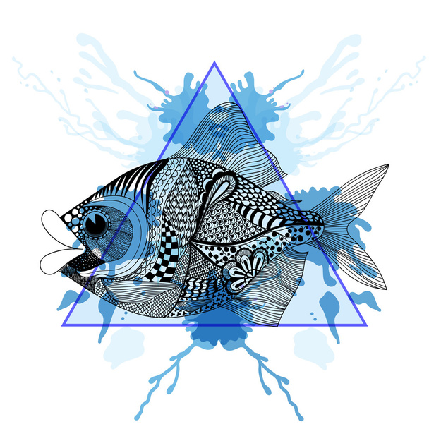 Skizze Zentangelfische in Dreieckrahmen mit Aquarelltinte dro - Vektor, Bild