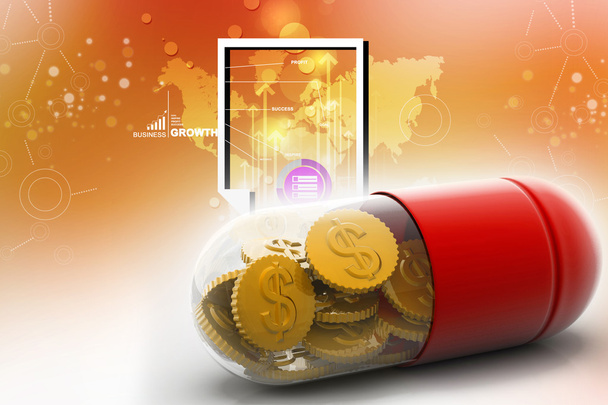 3d illustration of pill filled with dollar coin - Photo, Image