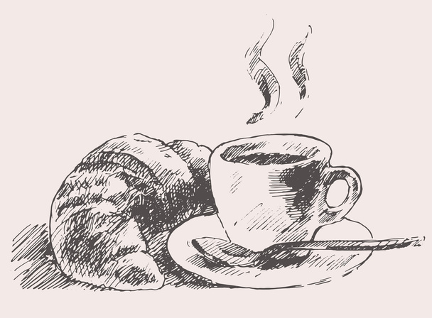 tazza di caffè con croissant - Vettoriali, immagini