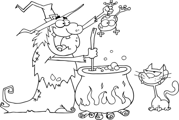 nastínil kočka sleduje ošklivá čarodějnice halloween drží žába nad cauldro - Fotografie, Obrázek