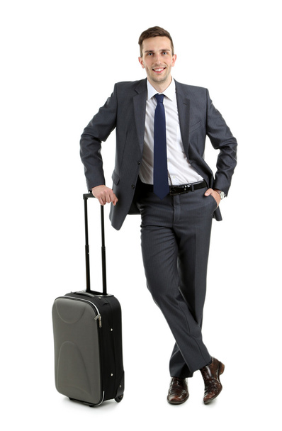 Man holding suitcase isolated on white - Foto, afbeelding