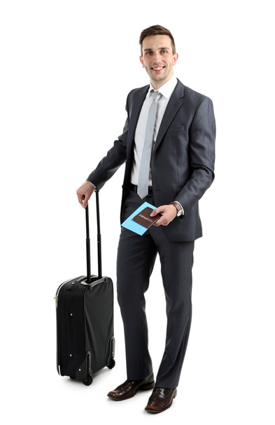 Man holding suitcase isolated on white - Fotoğraf, Görsel