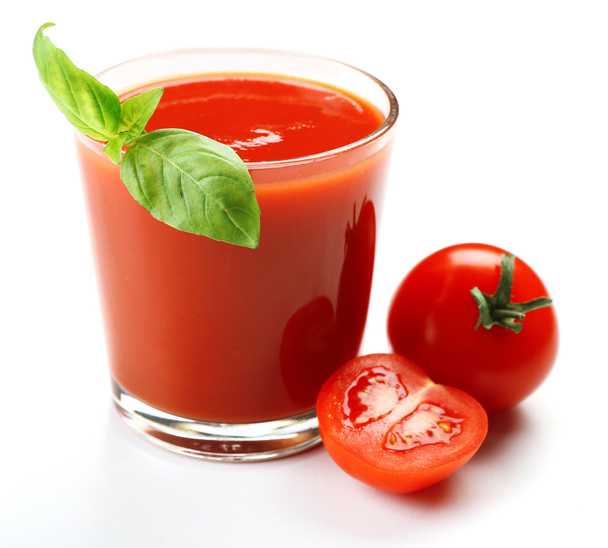 Glass of fresh tomato juice isolated on white - Fotoğraf, Görsel
