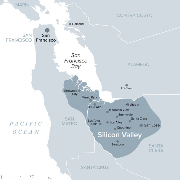 Silicon Valley, een regio in Noord-Californië, grijze politieke kaart. Wereldwijd centrum voor geavanceerde technologie en innovatie in de Verenigde Staten, gelegen in het zuidelijke deel van de San Francisco Bay Area. - Vector, afbeelding