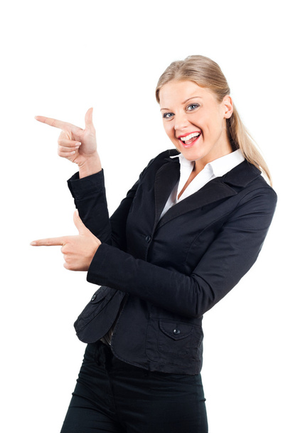 businesswoman pointing at your product - Φωτογραφία, εικόνα
