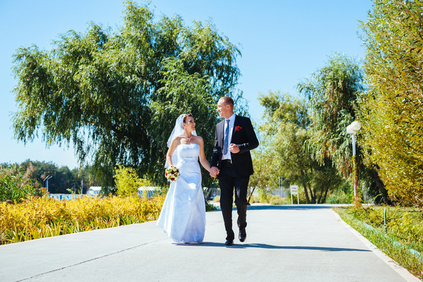 Жених и невеста на свадьбе прогулки на природе весной. Свадебная пара, счастливая новобрачная женщина и мужчина обнимаются в зеленом парке. Любимая свадебная пара на открытом воздухе
. - Фото, изображение