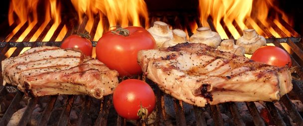 Pork Rib Steaks, Tomato And Mushrooms On Hot BBQ Grill - Photo, Image