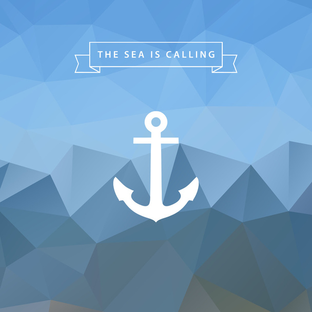 Anchor on blue abstract polygonal background. The sea is calling. - Vector, Imagen