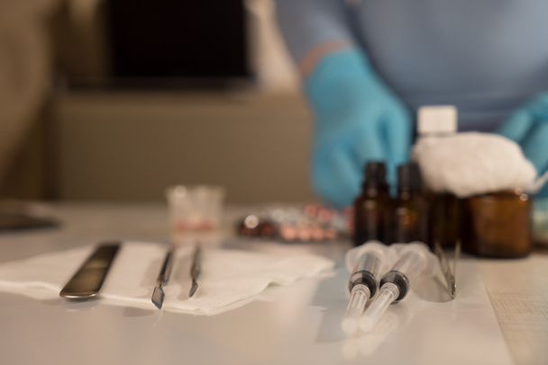 Syringe with glass vials and medications pills drug - 写真・画像