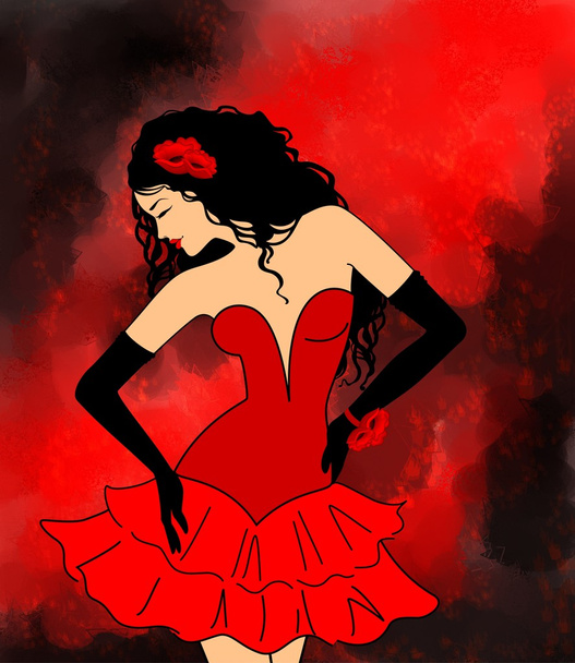 Dame dans une robe rouge est isolé sur un fond rouge
 - Photo, image