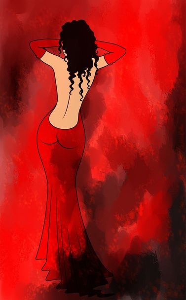 Lady in a red dress is isolated on a red background - Foto, Imagem