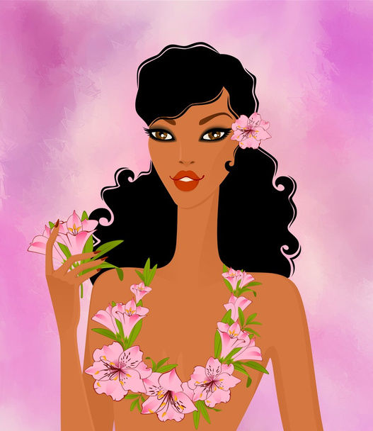 Young woman with tropical flowers - Zdjęcie, obraz
