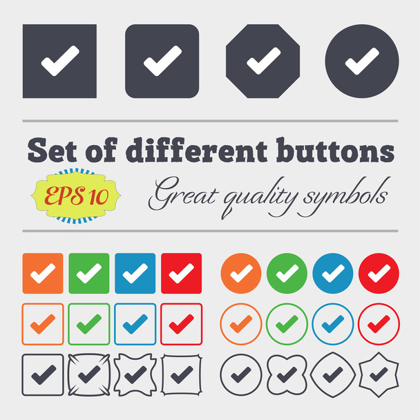Cochez, signe d'icône tik Grand ensemble de boutons colorés, diversifiés et de haute qualité. Vecteur
 - Vecteur, image
