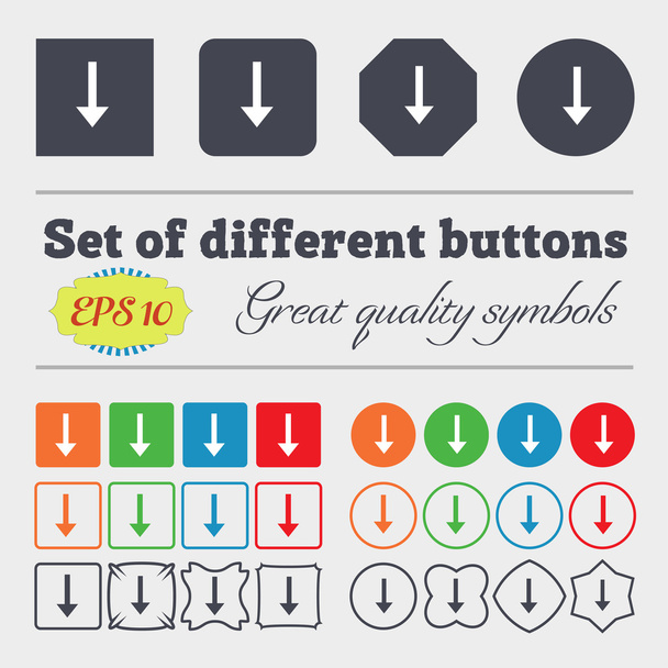 Flecha hacia abajo, Descargar, Carga, Signo de icono de copia de seguridad Gran conjunto de botones coloridos, diversos y de alta calidad. Vector
 - Vector, imagen