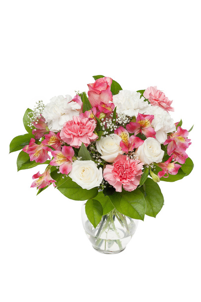 Ramo de rosas rosadas y blancas, crisantemos y lirios
 - Foto, Imagen