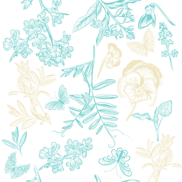 seamless wallpaper pattern with flowers and butterflies - Wektor, obraz