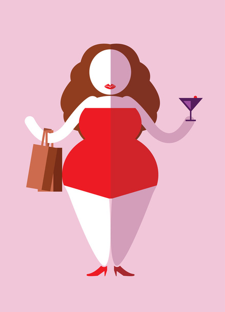 Boldog, kövér nő élvezni, bevásárló- és party. - Vektor, kép