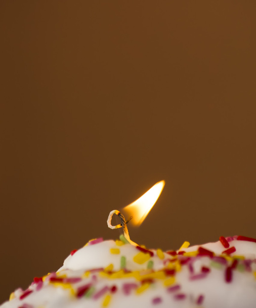 Cupcake with a lit candle - Фото, изображение