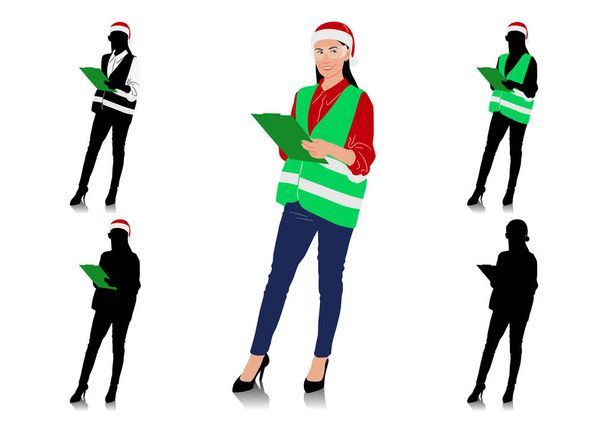 Set di operaie che indossano cappelli e giubbotti natalizi. Lavoratori del magazzino in diverse pose e opzioni di colore con Babbo Natale cappelli. Illustrazione vettoriale isolata su bianco - Vettoriali, immagini