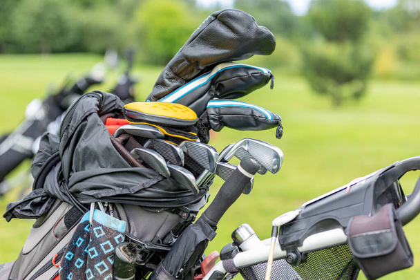 Golfschläger in einer Golftasche. Set Golfschläger für einen Golfer. Grüner Hintergrund. Nahaufnahme. - Foto, Bild